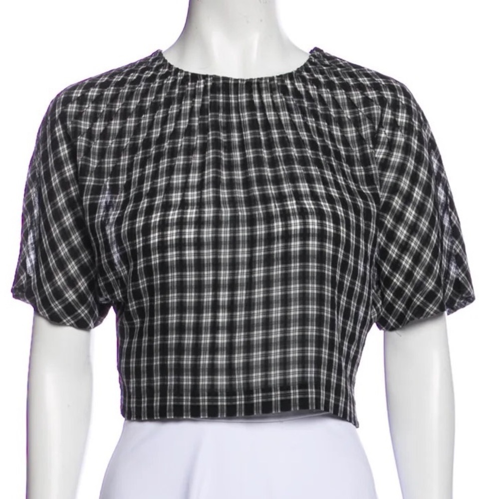 Diane von Furstenberg short sleeve‎ plaid print Crop Top crew neck in black
